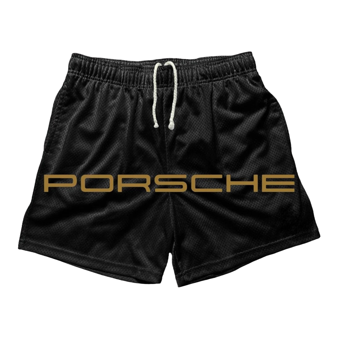 a black shorts with the word porsche printed on it