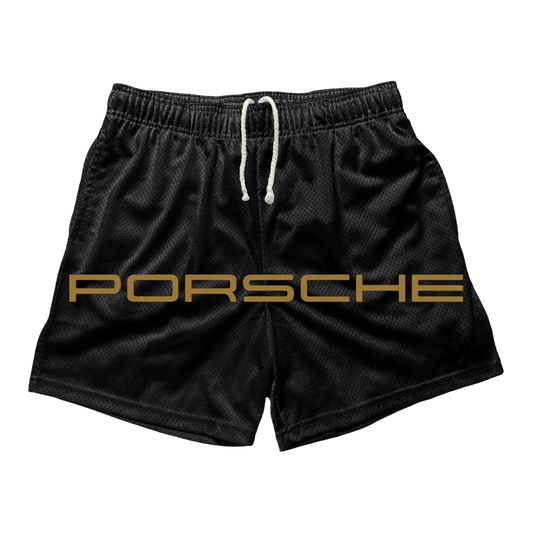 a black shorts with the word porsche printed on it