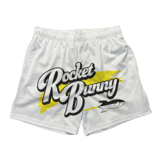 a white shorts with the words rocket bunny printed on it