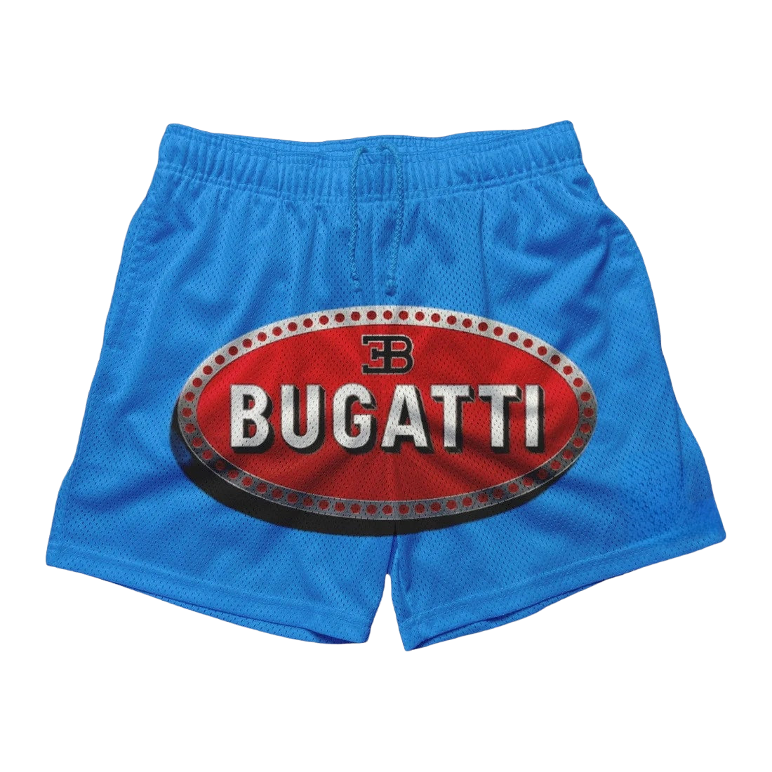 a blue shorts with the word bugatti on it