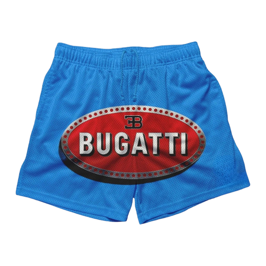 a blue shorts with the word bugatti on it