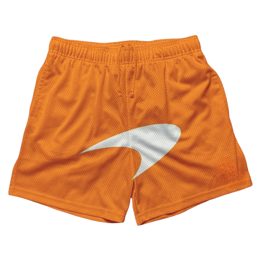 an orange shorts with a white logo on it