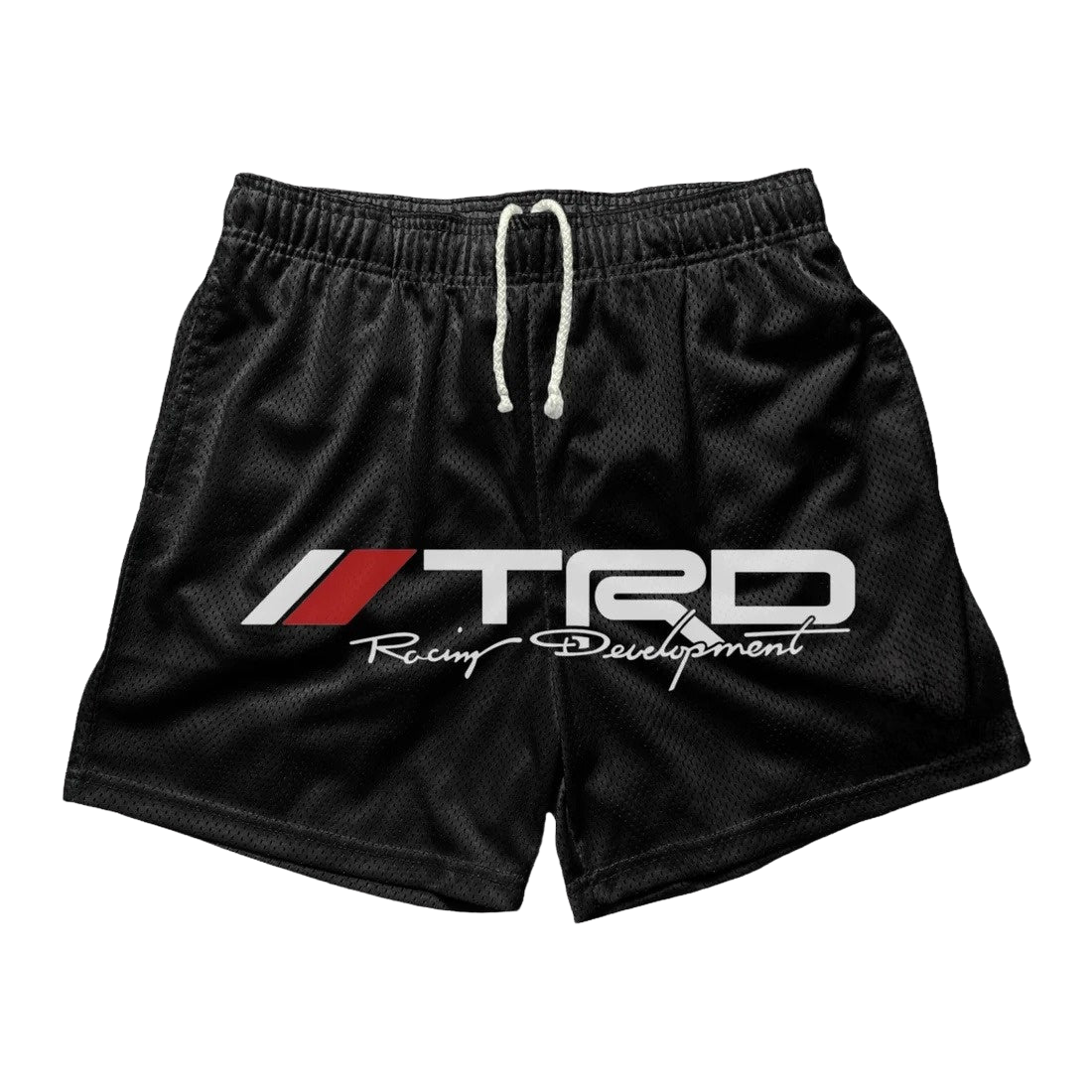 a black shorts with a red and white logo