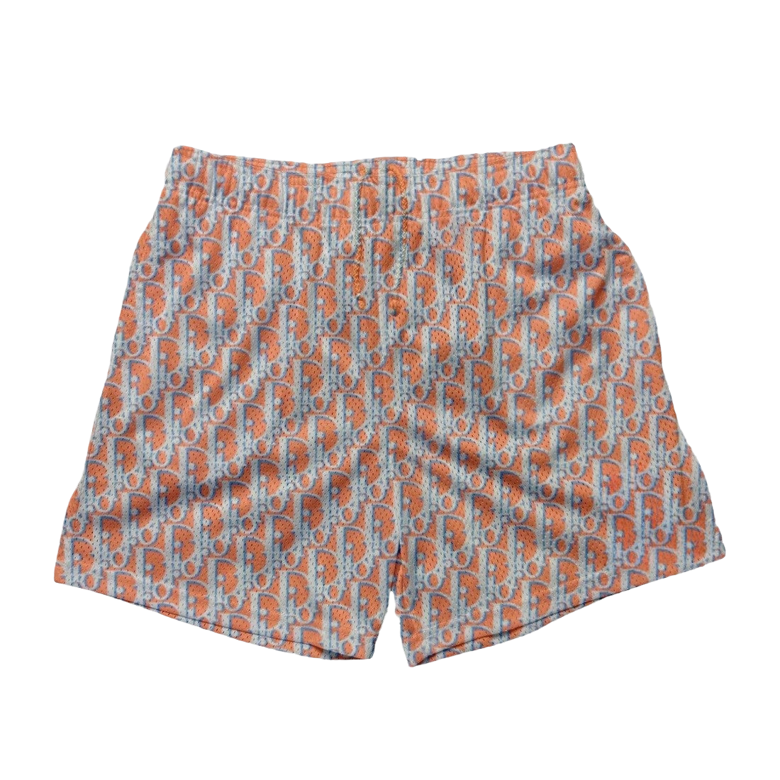 an orange shorts with a blue and white pattern