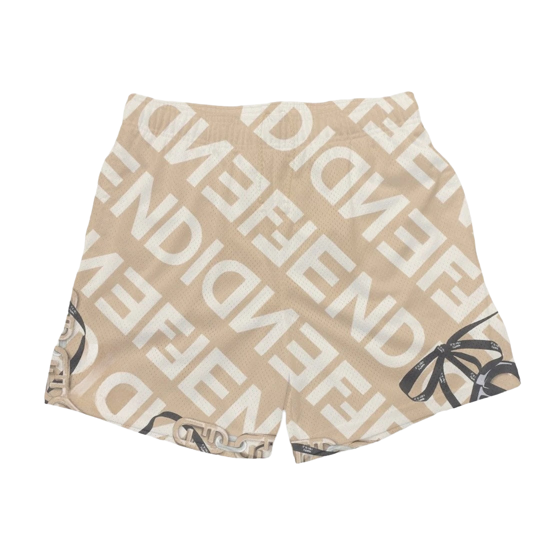 a beige shorts with a black and white print on it