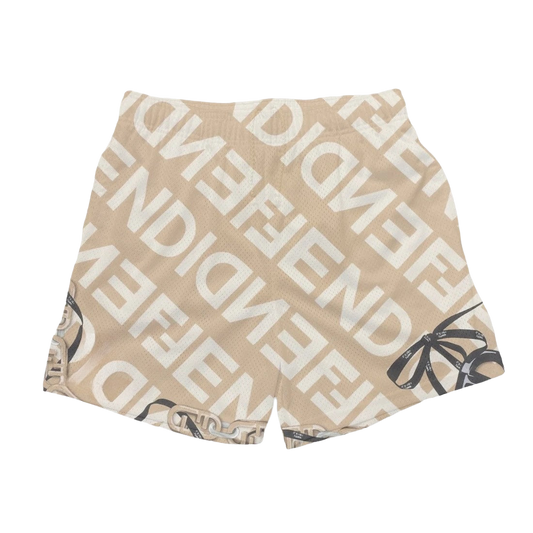 a beige shorts with a black and white print on it