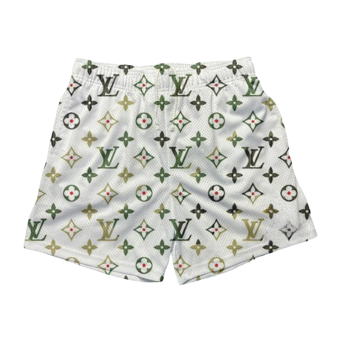 a white shorts with a louis vuitton pattern on it