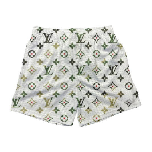 a white shorts with a louis vuitton pattern on it