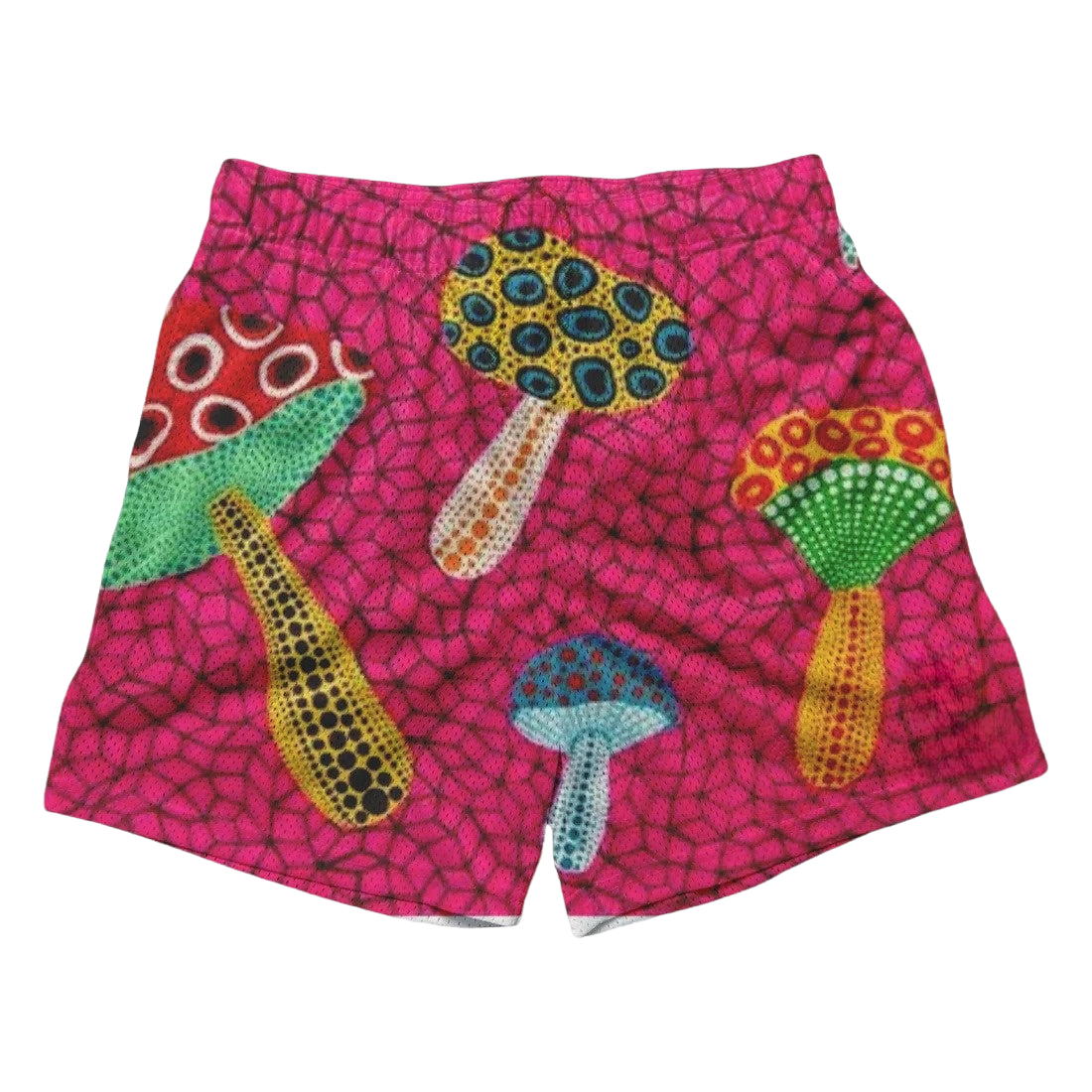 a pink shorts with colorful designs on it