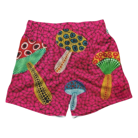 a pink shorts with colorful designs on it