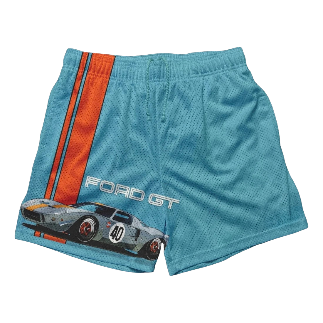 a blue shorts with a picture of a race car on it