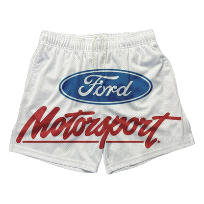 a white shorts with a ford logo on it