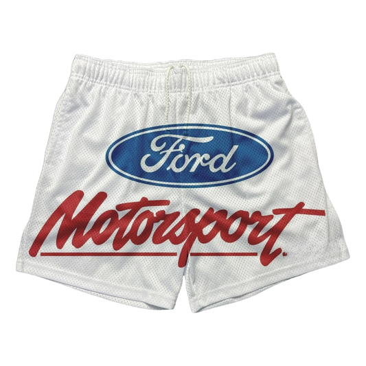 a white shorts with a ford logo on it