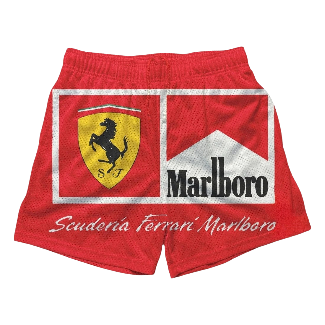 a red shorts with a black and white ferrari logo