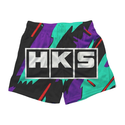 a purple and green shorts with the words hks on it