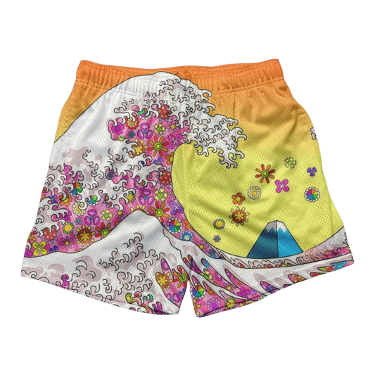 a pair of colorful shorts with an image of a wave
