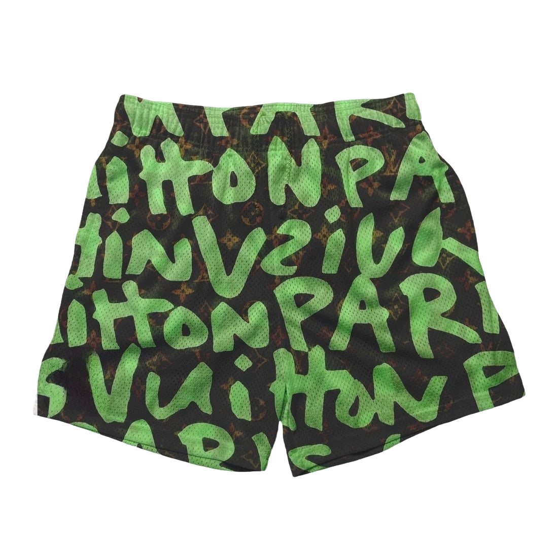 a pair of green and black shorts with letters on them