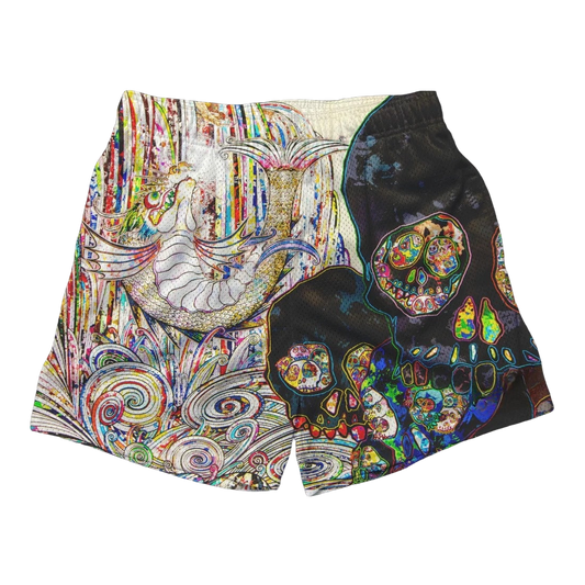 a pair of colorful shorts with an image of a woman's face