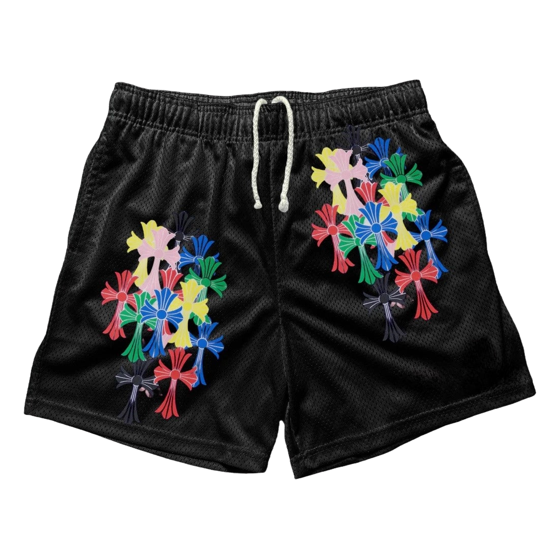 a black shorts with colorful flowers on it