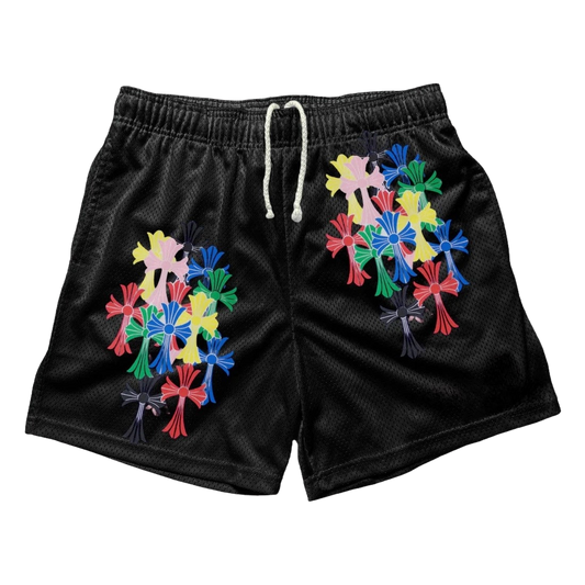 a black shorts with colorful flowers on it