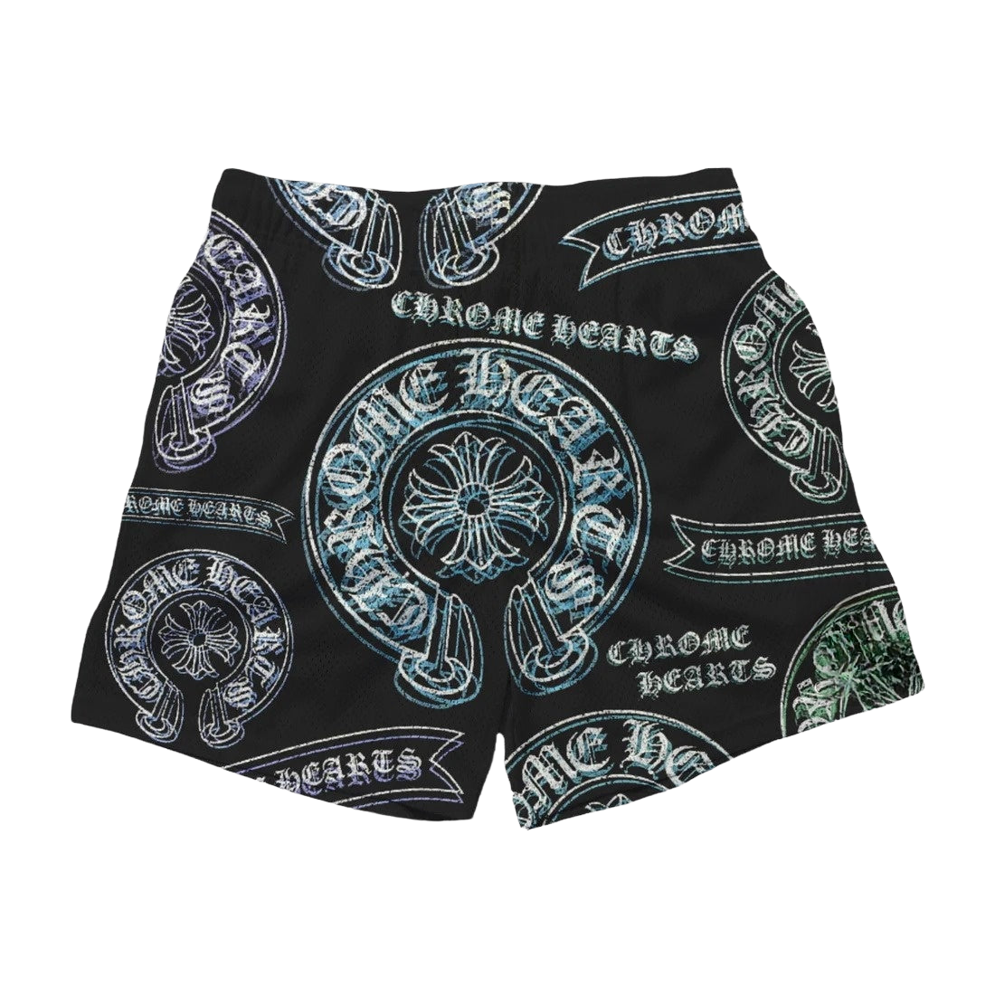 a black boxer shorts with white and blue designs on it