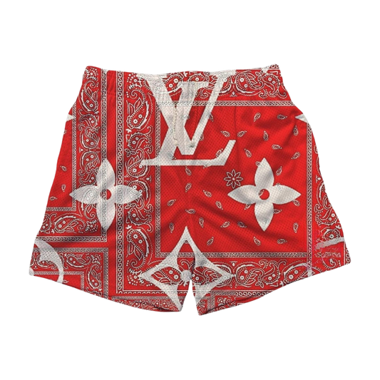 a red and white shorts with a louis louis logo on it