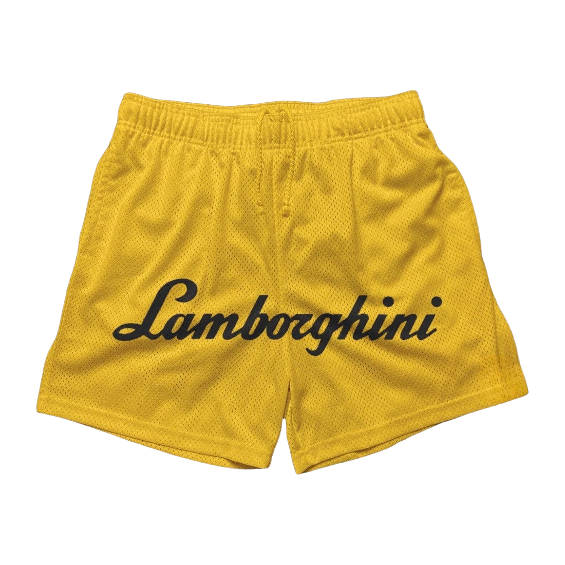 a yellow shorts with the word lambooshini printed on it