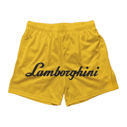 a yellow shorts with the word lambooshini printed on it