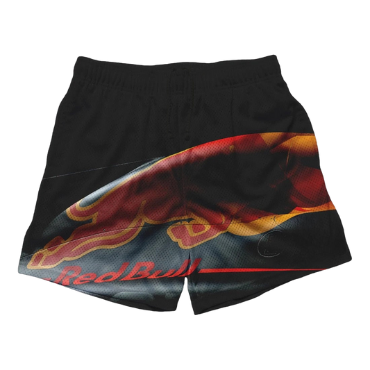a black shorts with a red and yellow design on it