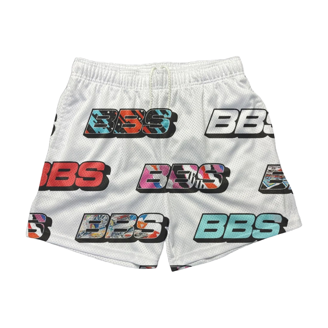 a white shorts with the bbs logo on it