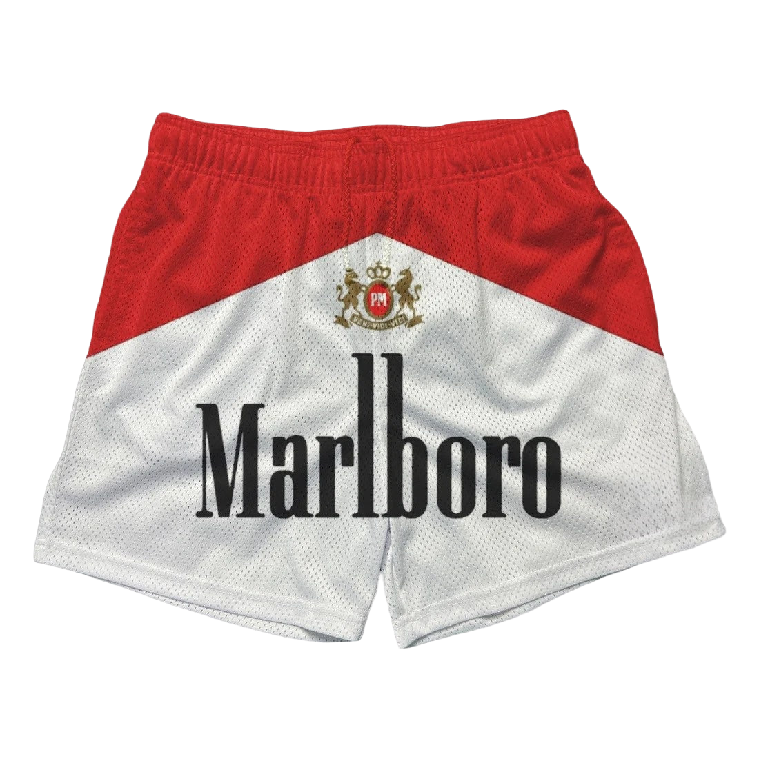 a red and white shorts with the word marlboro printed on it