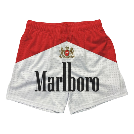 a red and white shorts with the word marlboro printed on it