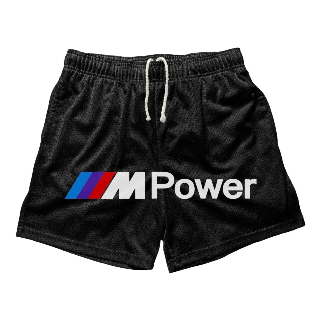 a black shorts with the m power logo on it