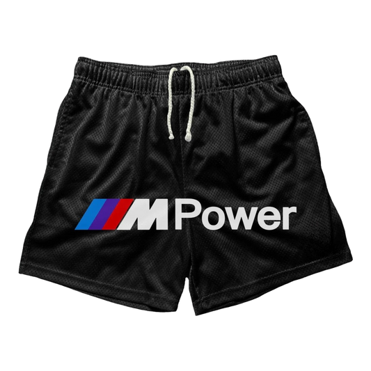a black shorts with the m power logo on it