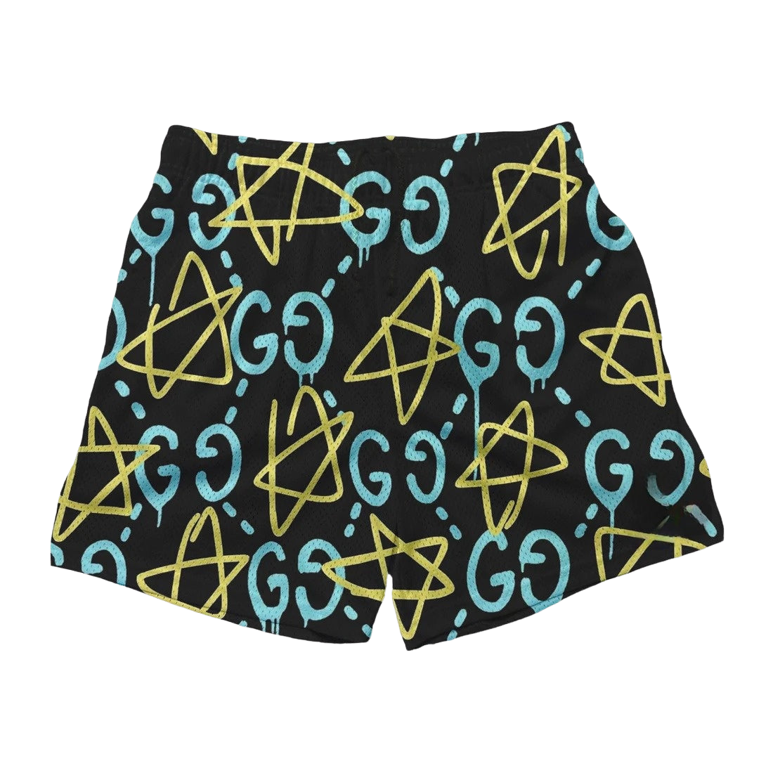 a black shorts with yellow and blue symbols on it