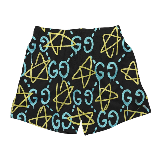 a black shorts with yellow and blue symbols on it