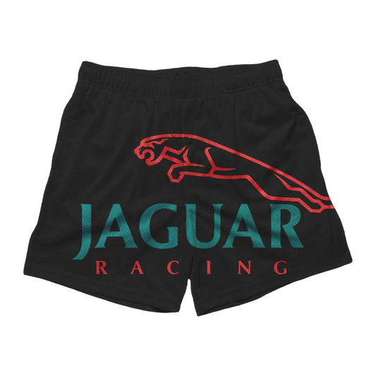 a black shorts with the word jaguar racing printed on it