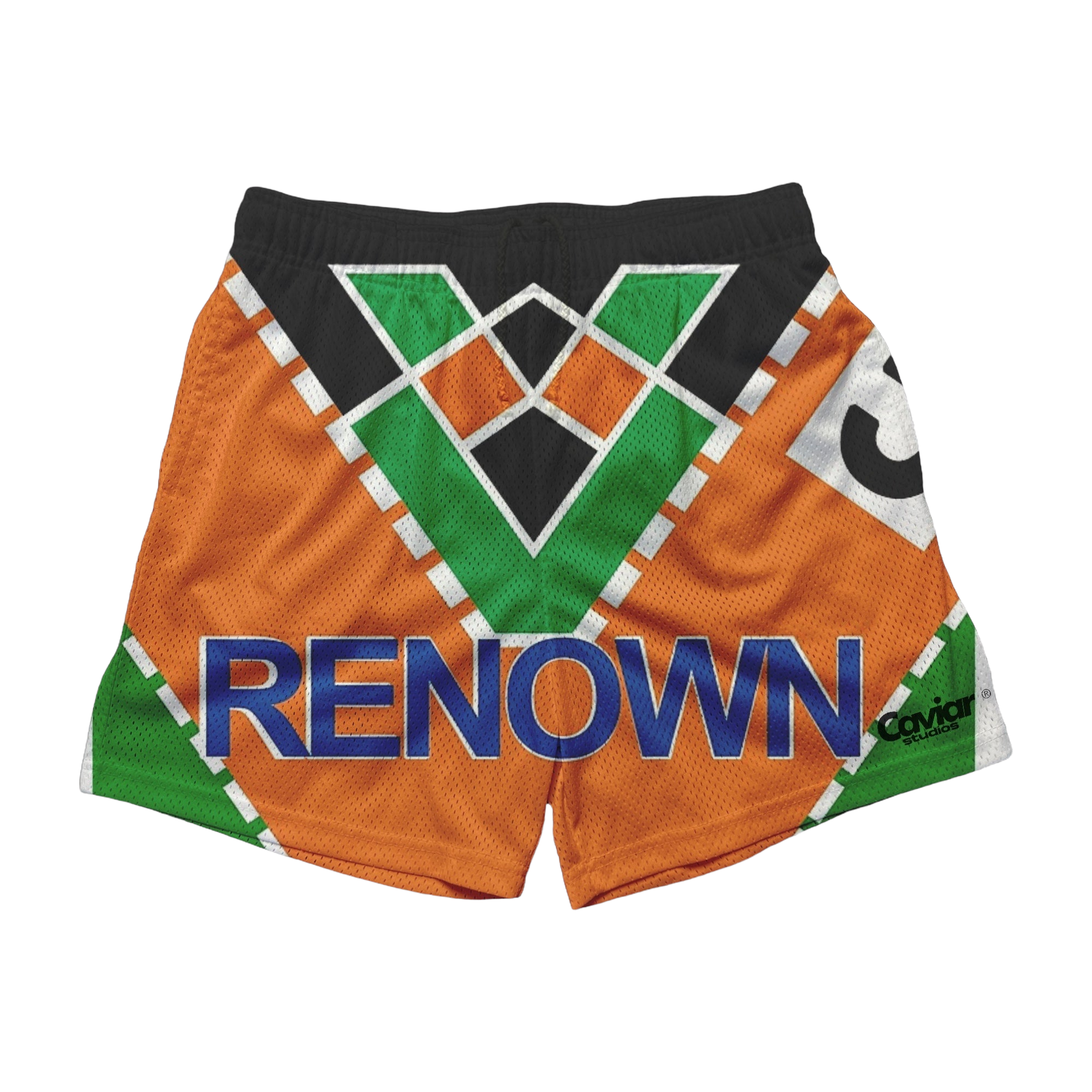 an orange and green shorts with the word renown printed on it