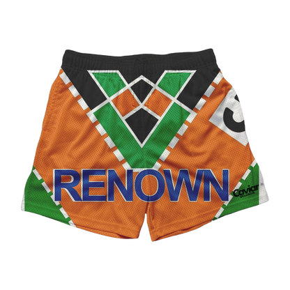 an orange and green shorts with the word renown printed on it