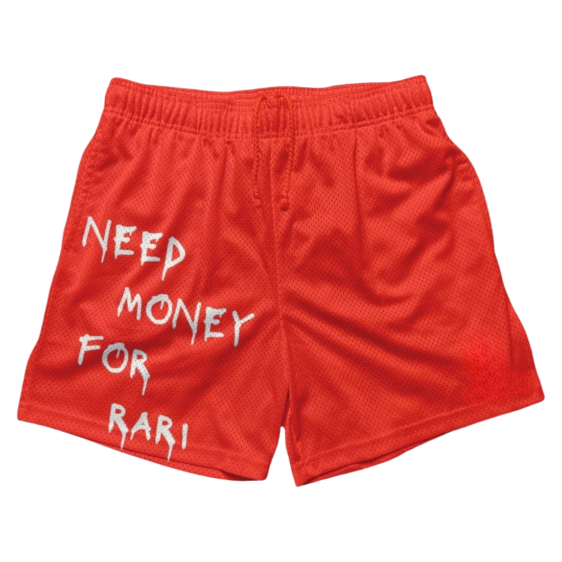 a red shorts that says keep money for rari