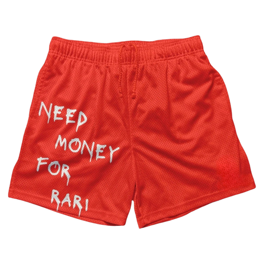 a red shorts that says keep money for rari