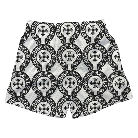 a white shorts with black and white designs on it