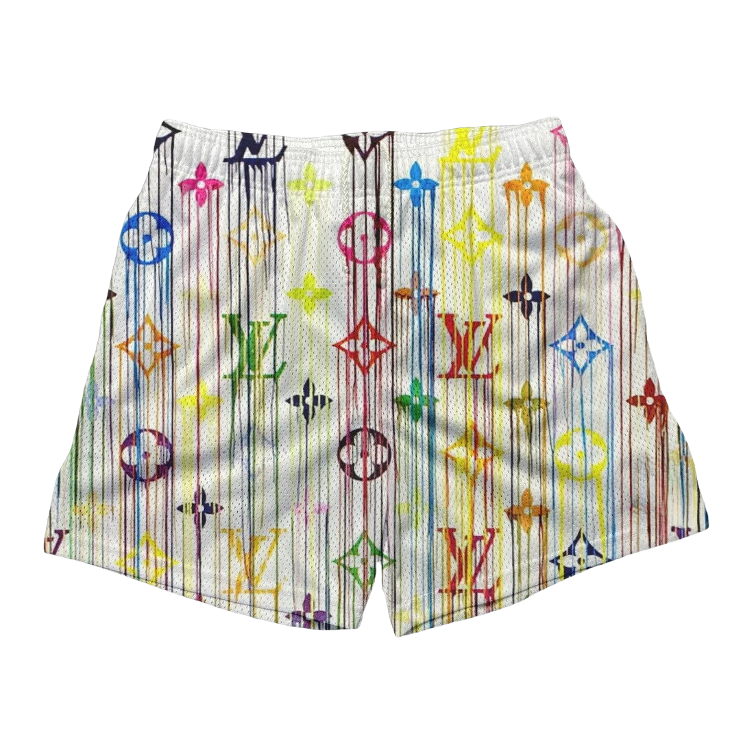 a white shorts with multicolored letters on it