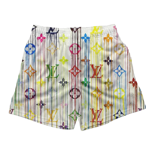 a white shorts with multicolored letters on it