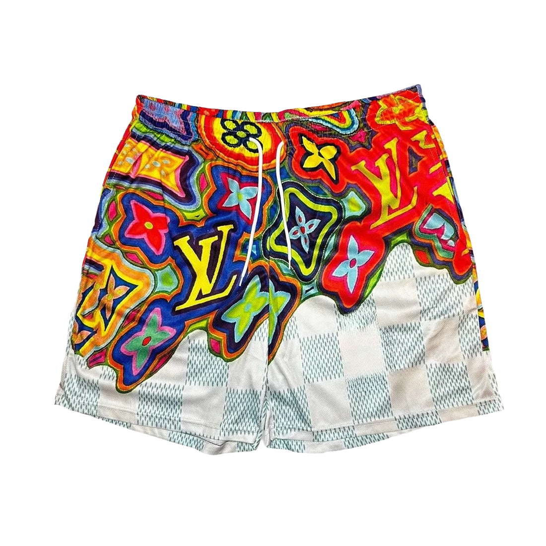 a pair of colorful shorts on a black background