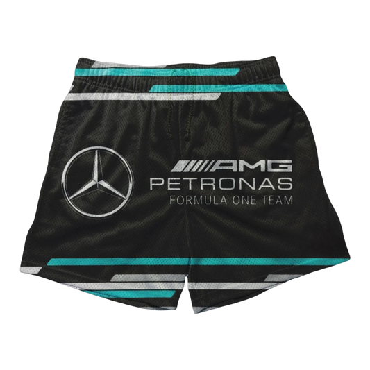 a black shorts with a mercedes logo on it