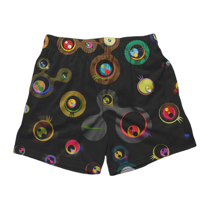 a black shorts with colorful circles on it