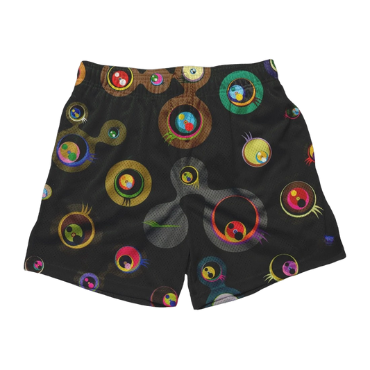 a black shorts with colorful circles on it