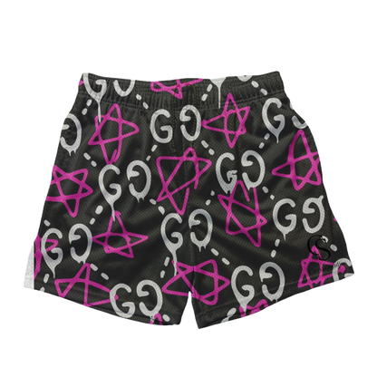 a black shorts with pink and white symbols on it