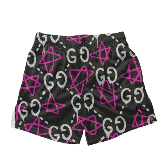 a black shorts with pink and white symbols on it